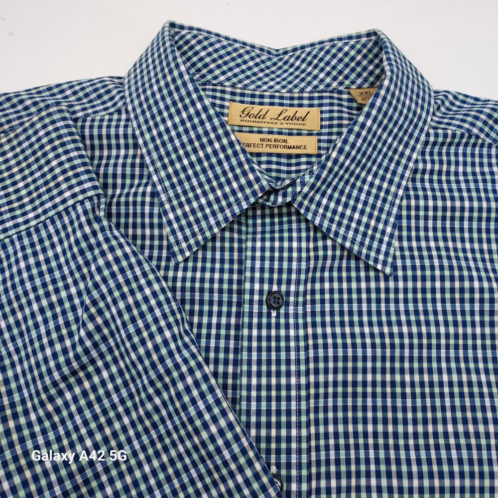 Roundtree & Yorke Gold Label Mens XXL Blue Green Check Non-Iron Dress Shirt